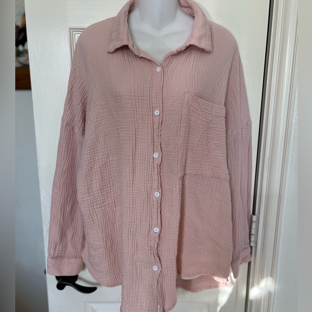 Pink Cotton Waffle Knit Collared Button Up Shirt Pink Sz M